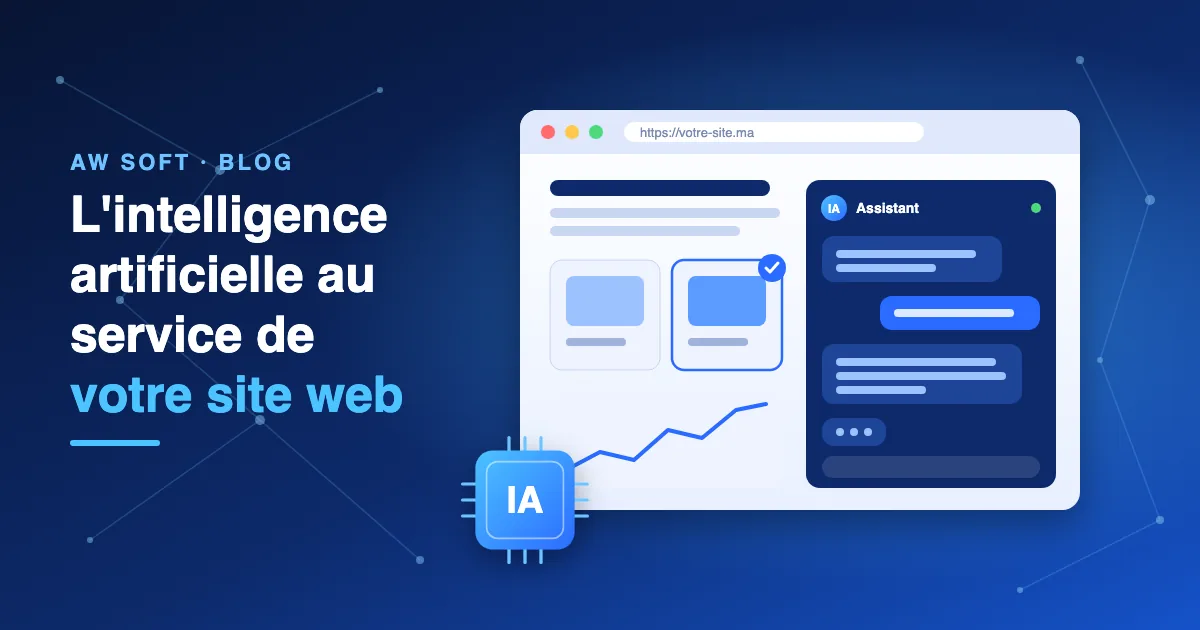 Illustration : puce IA à côté d'un site web avec assistant conversationnel, recommandations de produits et courbe de croissance